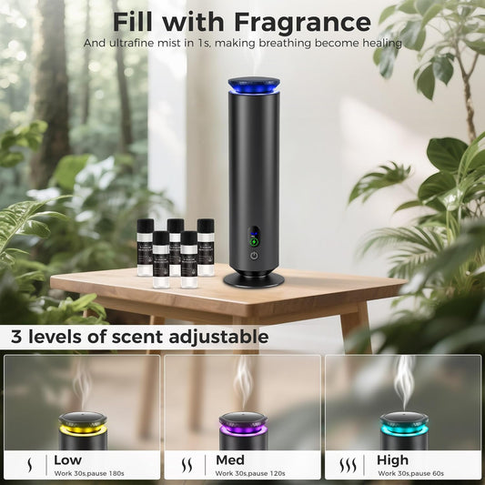Hotel Scent Diffuser Starter Kit — Large Room Aromatherapy with 7 Ambient Light Settings & 5 Essential Oils Included (Black, 1000 Sq. Ft Coverage)