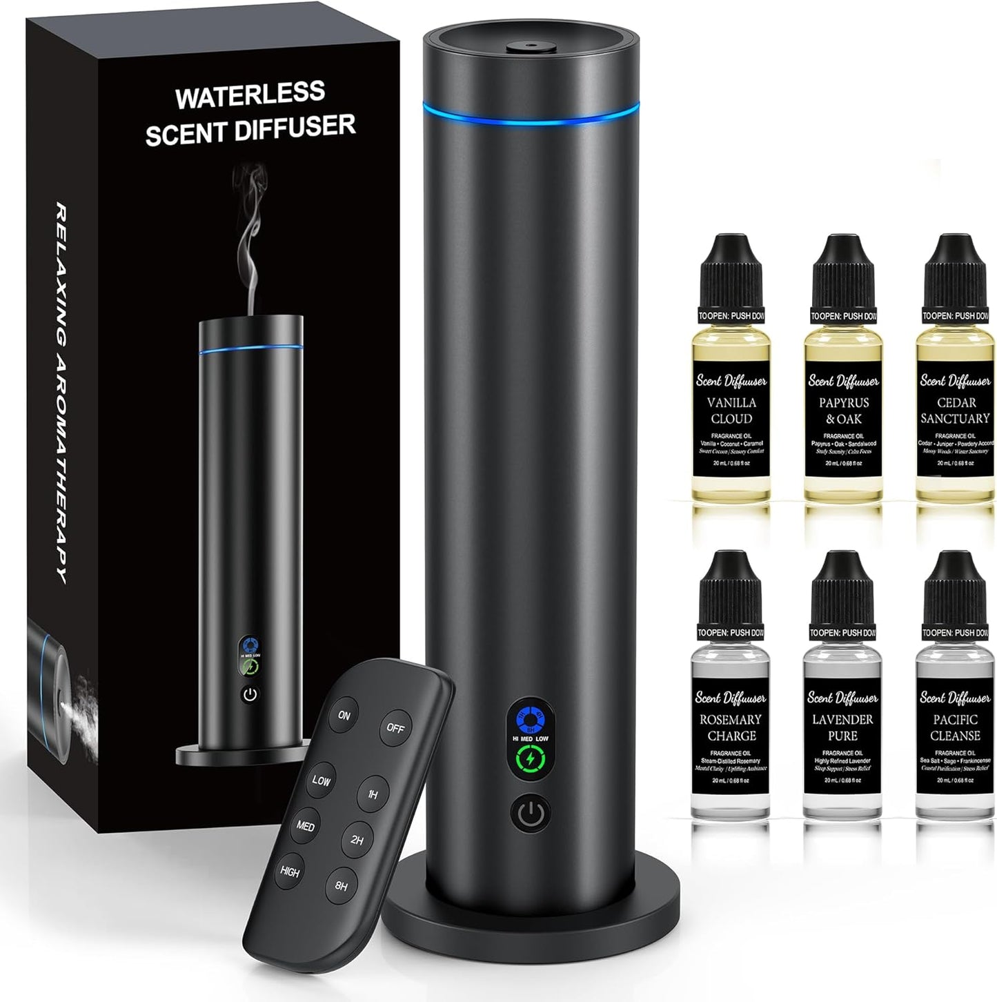 Waterless Essential Oil Diffuser — Large Room Aromatherapy with Remote Control, Adjustable Mist, Mood Lighting & Tilt-Safe Design (Black, 1000 Sq. Ft Coverage)