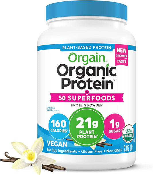 Orgain Organic Vegan Protein + 50 Superfoods — Vanilla Bean Plant-Based Protein Powder with Prebiotic Fiber, Gluten-Free, Non-GMO, No Added Sugar (2.02 lb)
