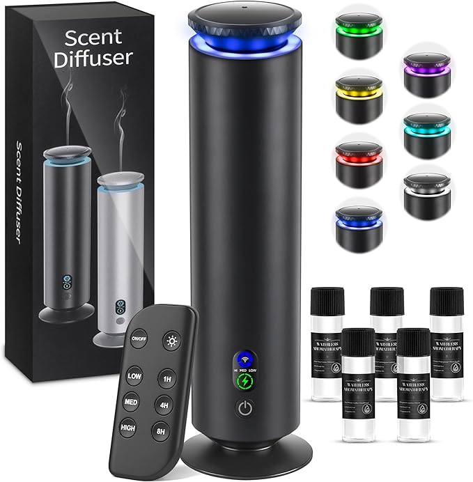 Hotel Scent Diffuser Starter Kit — Large Room Aromatherapy with 7 Ambient Light Settings & 5 Essential Oils Included (Black, 1000 Sq. Ft Coverage)