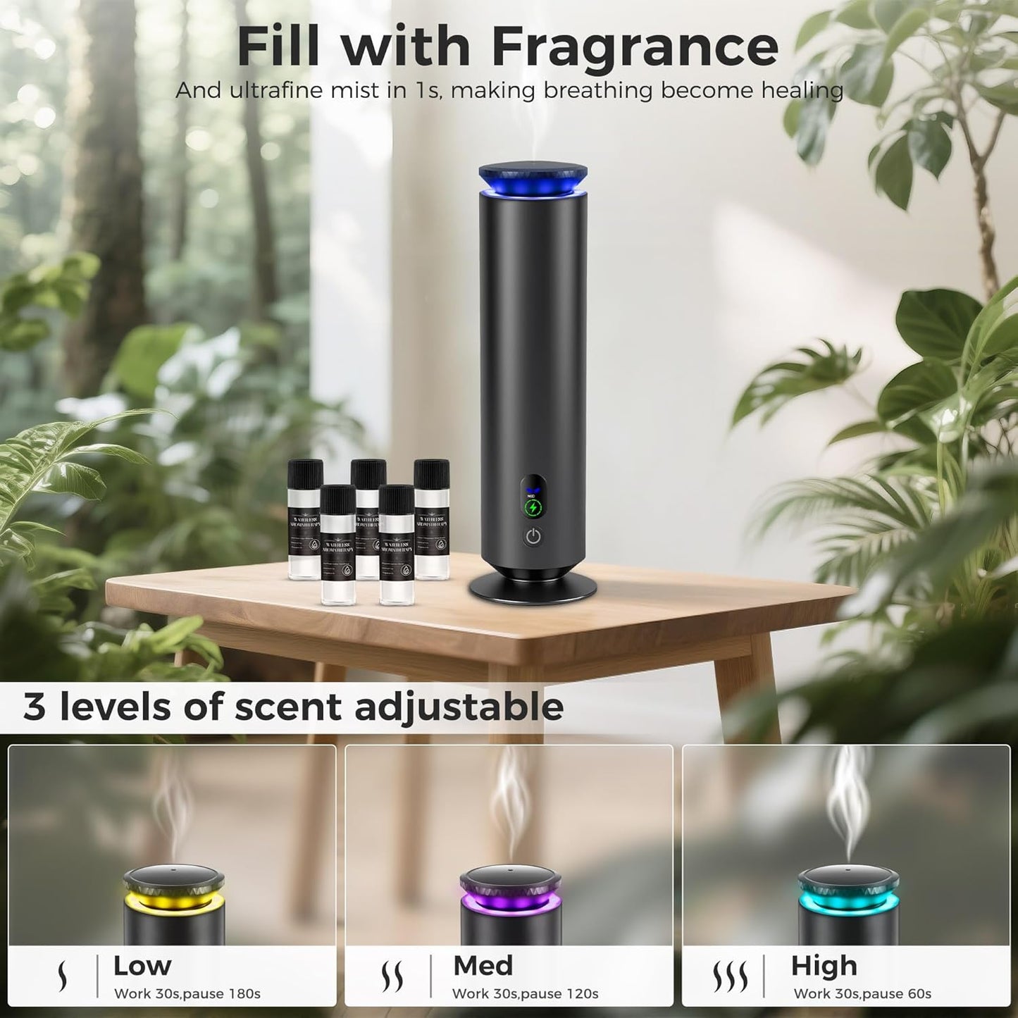 Hotel Scent Diffuser Starter Kit — Large Room Aromatherapy with 7 Ambient Light Settings & 5 Essential Oils Included (Black, 1000 Sq. Ft Coverage)