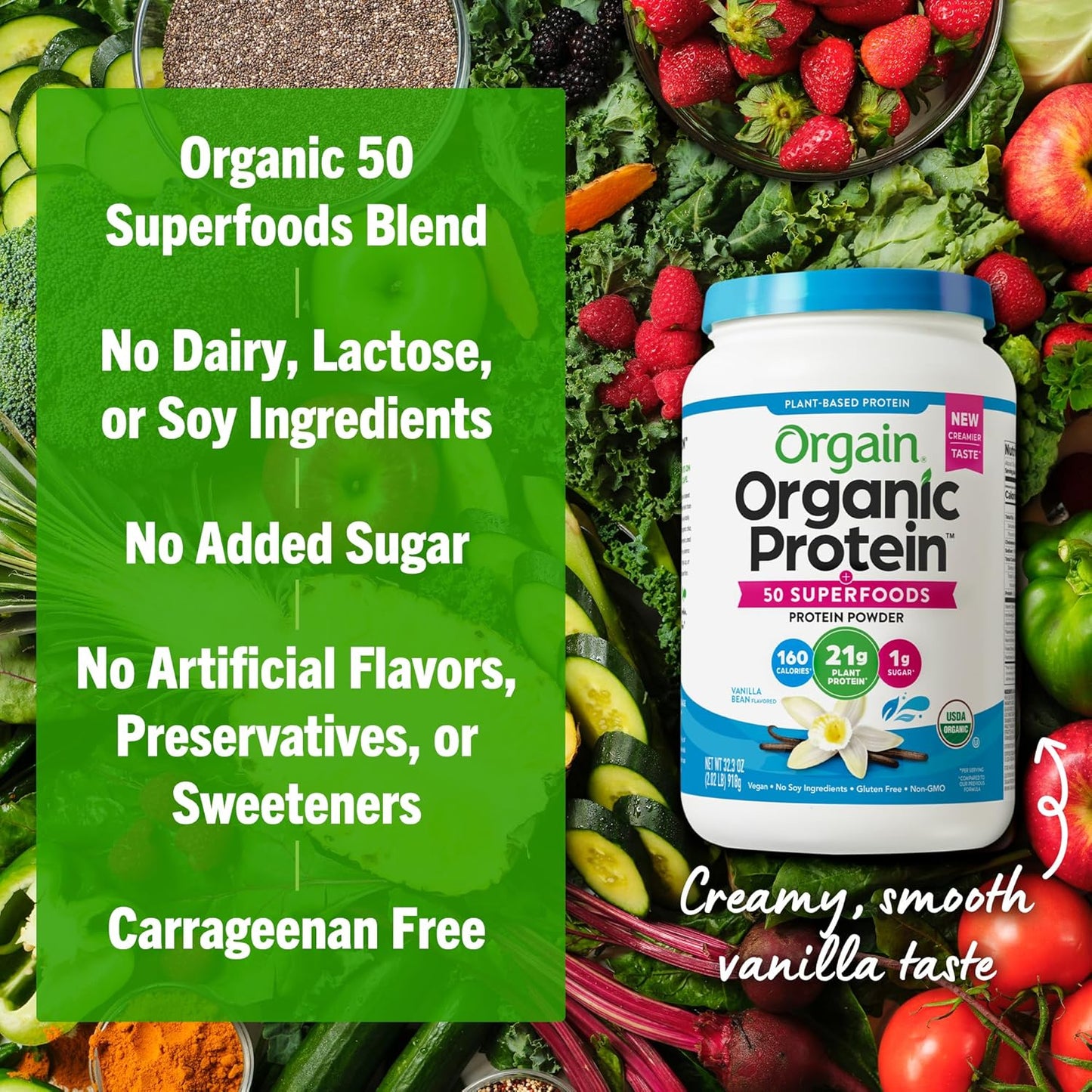 Orgain Organic Vegan Protein + 50 Superfoods — Vanilla Bean Plant-Based Protein Powder with Prebiotic Fiber, Gluten-Free, Non-GMO, No Added Sugar (2.02 lb)